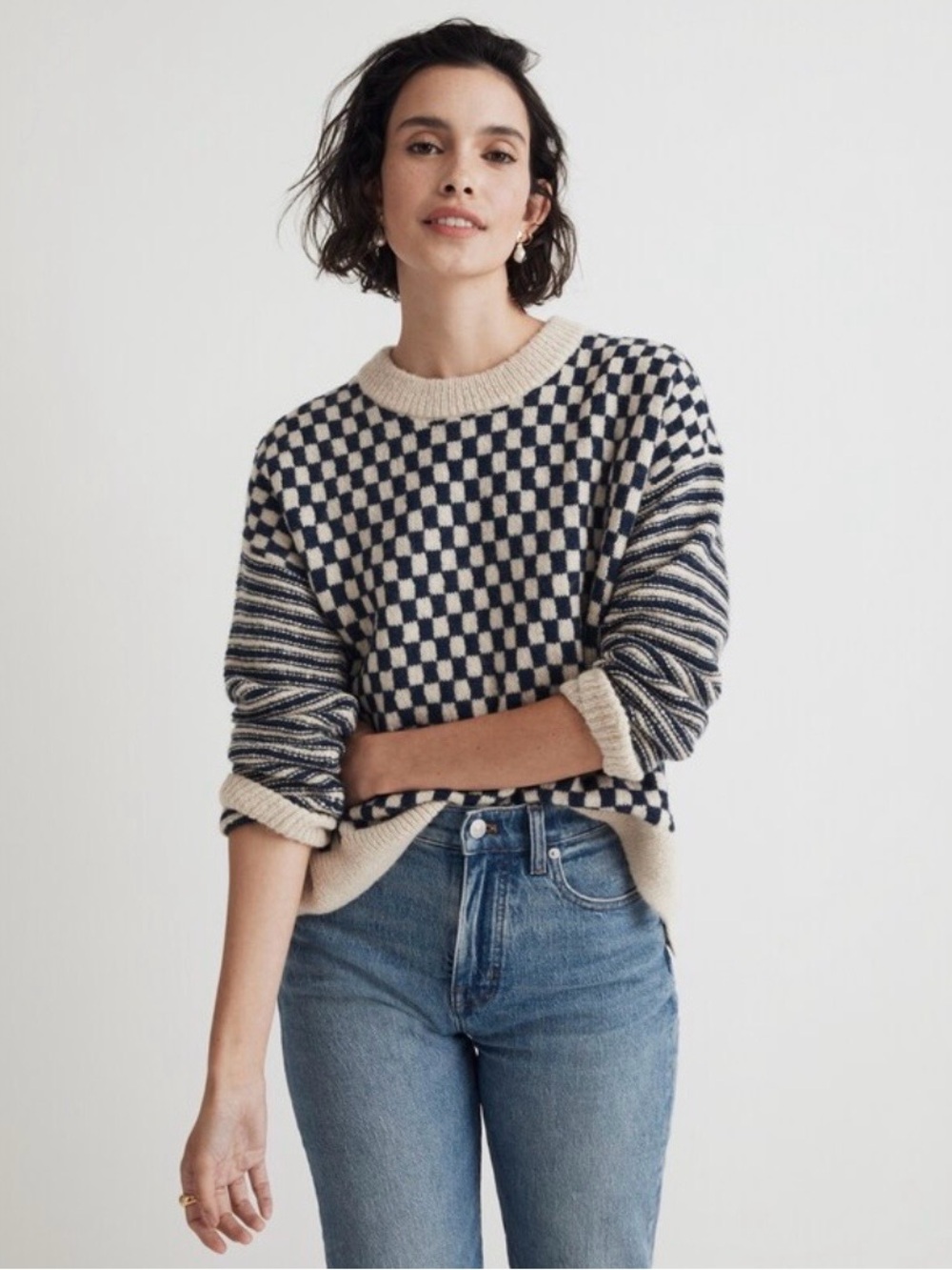 Madewell Navy and Cream Checkerboard Crewneck Sweater